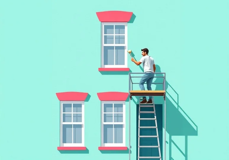 Peintre sur échafaudage traitant la façade d'une maison