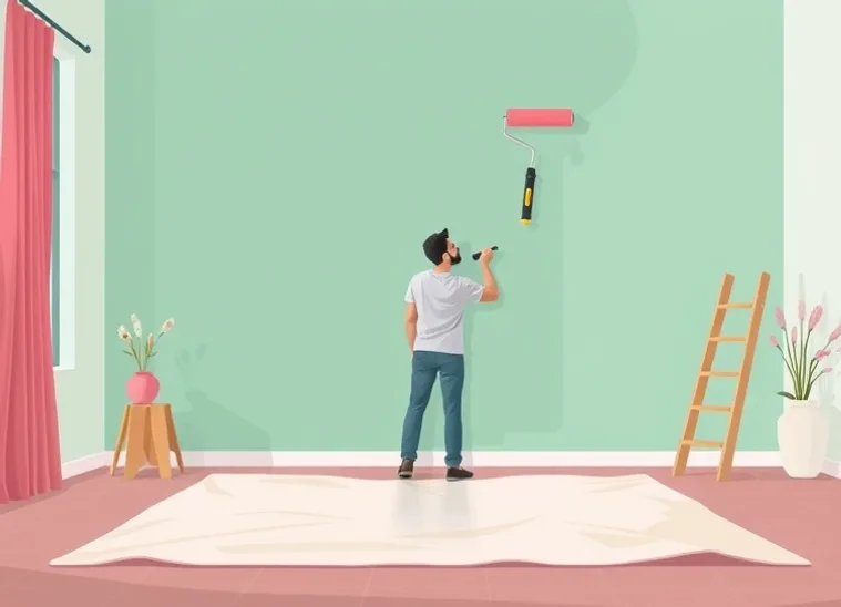 Peintre appliquant la peinture au rouleau sur un mur de salon